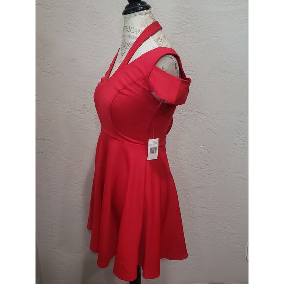 Jodi Kristopher Sexy Exposed Shoulder Low V Cut True Red Flare Swing Dress - Picture 2 of 8